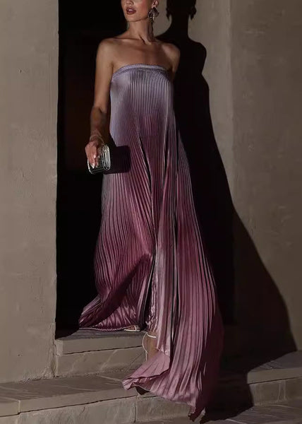 Long Color Sleeveless Bustier Dress Gradient Purple Top Wrinkled FashionChic