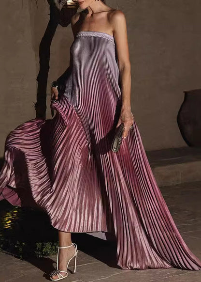 Long Color Sleeveless Bustier Dress Gradient Purple Top Wrinkled FashionChic