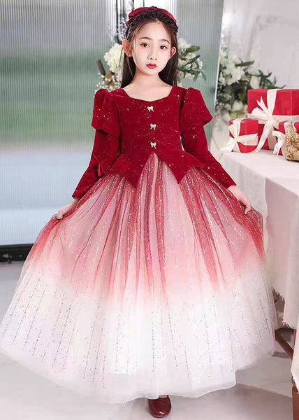 Red Color Patchwork Tulle Long Dress Wrinkled Gradient Girls FashionChic