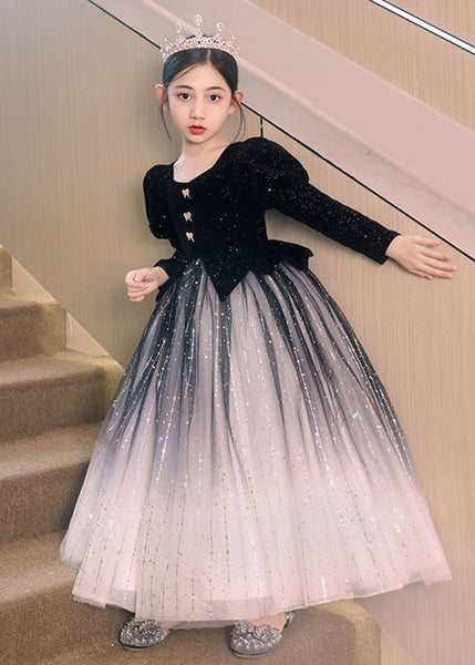 Red Color Patchwork Tulle Long Dress Wrinkled Gradient Girls FashionChic