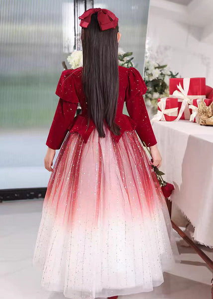 Red Color Patchwork Tulle Long Dress Wrinkled Gradient Girls FashionChic
