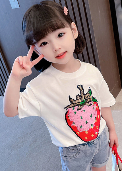Gradient Color White O-Neck Strawberry Print Girls T Shirts Short Sleeve YU1069 WS-RCTZ-STP240529