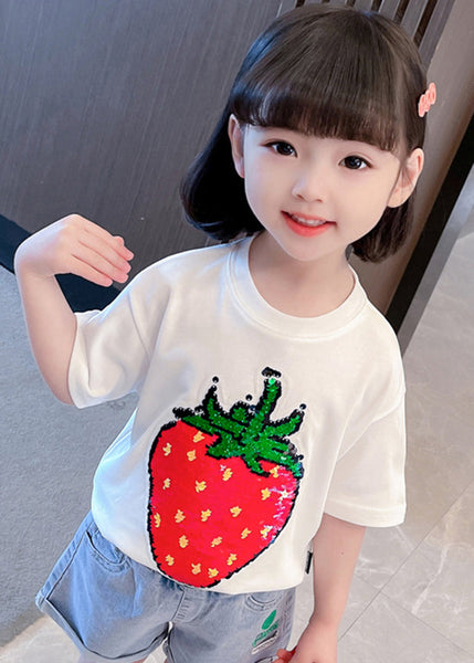Gradient Color White O-Neck Strawberry Print Girls T Shirts Short Sleeve YU1069 WS-RCTZ-STP240529