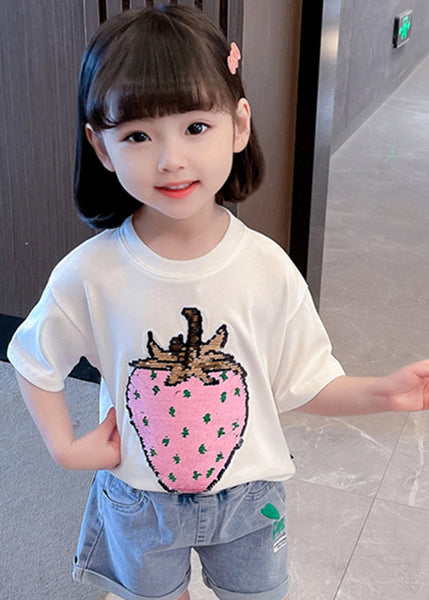 Gradient Color White O-Neck Strawberry Print Girls T Shirts Short Sleeve YU1069 WS-RCTZ-STP240529