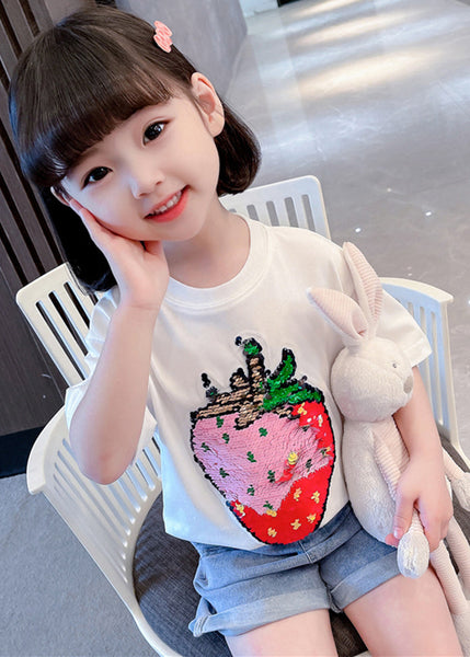 Gradient Color White O-Neck Strawberry Print Girls T Shirts Short Sleeve YU1069 WS-RCTZ-STP240529