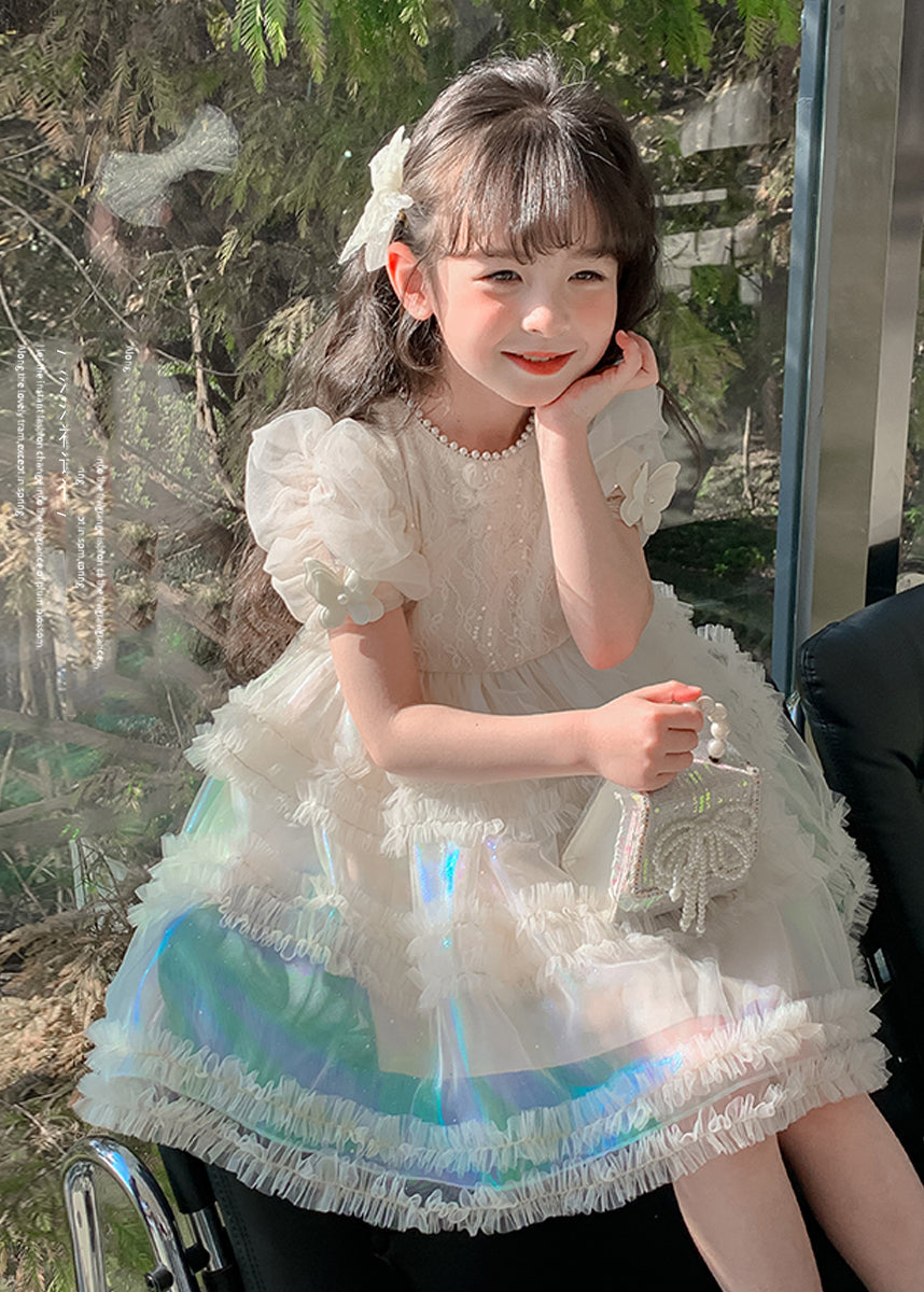 Gradient Color White Ruffled Patchwork Nail Bead Tulle Kids Long Dress Short Sleeve XZ044 SDGL240618