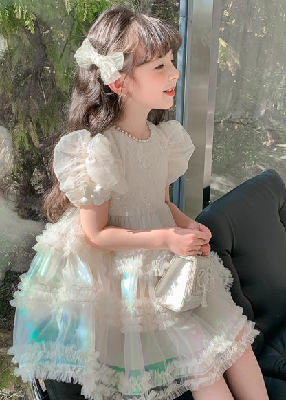 Gradient Color White Ruffled Patchwork Nail Bead Tulle Kids Long Dress Short Sleeve XZ044 SDGL240618