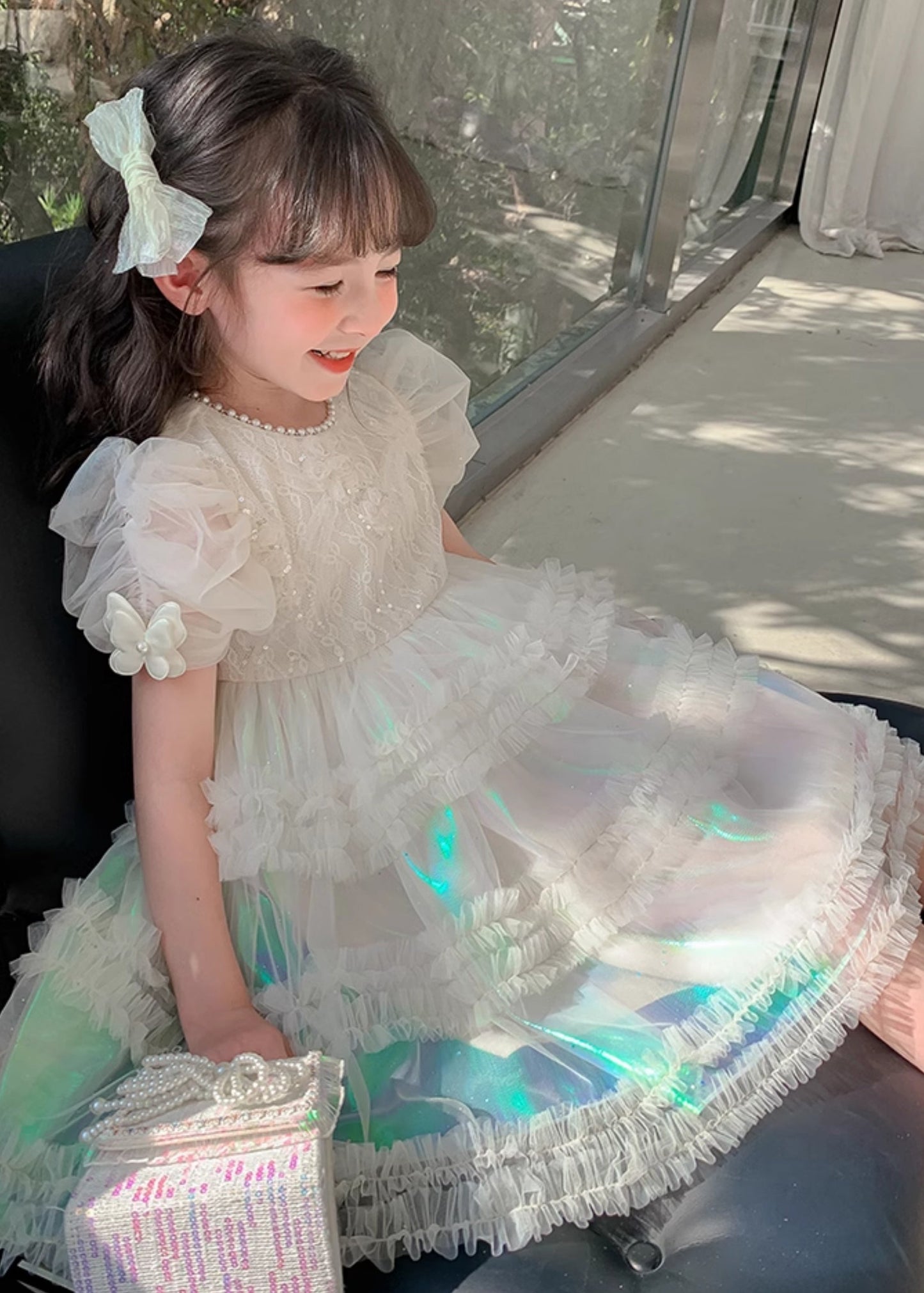Gradient Color White Ruffled Patchwork Nail Bead Tulle Kids Long Dress Short Sleeve XZ044 SDGL240618