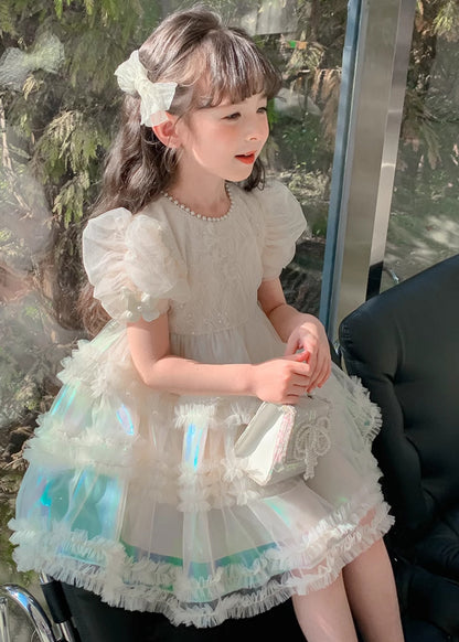 Gradient Color White Ruffled Patchwork Nail Bead Tulle Kids Long Dress Short Sleeve XZ044 SDGL240618
