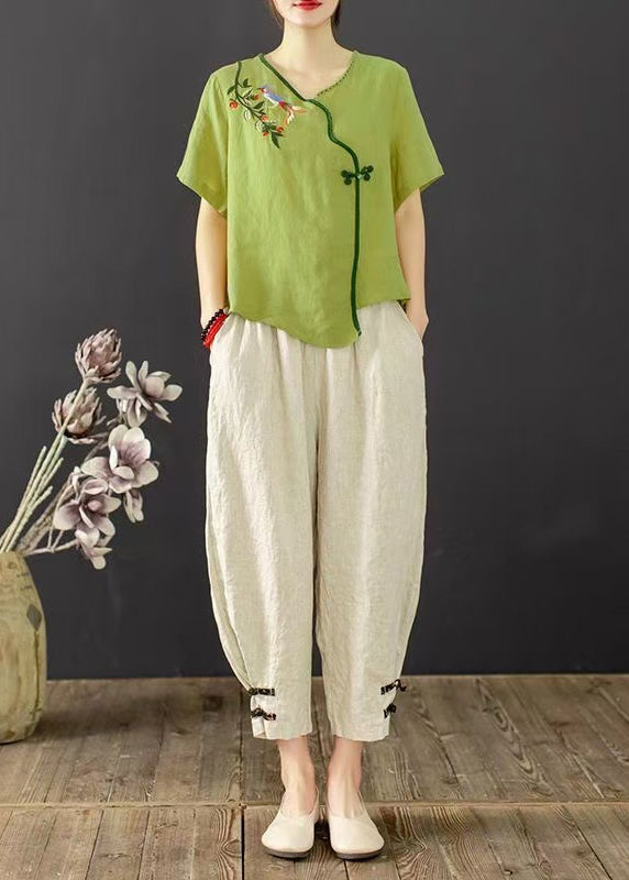 Embroidered Green Suit Grass Set Summer Oriental Piece Two FashionChic