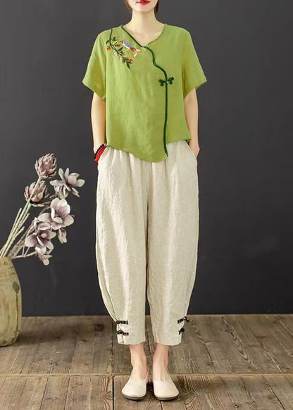 Embroidered Green Suit Grass Set Summer Oriental Piece Two FashionChic