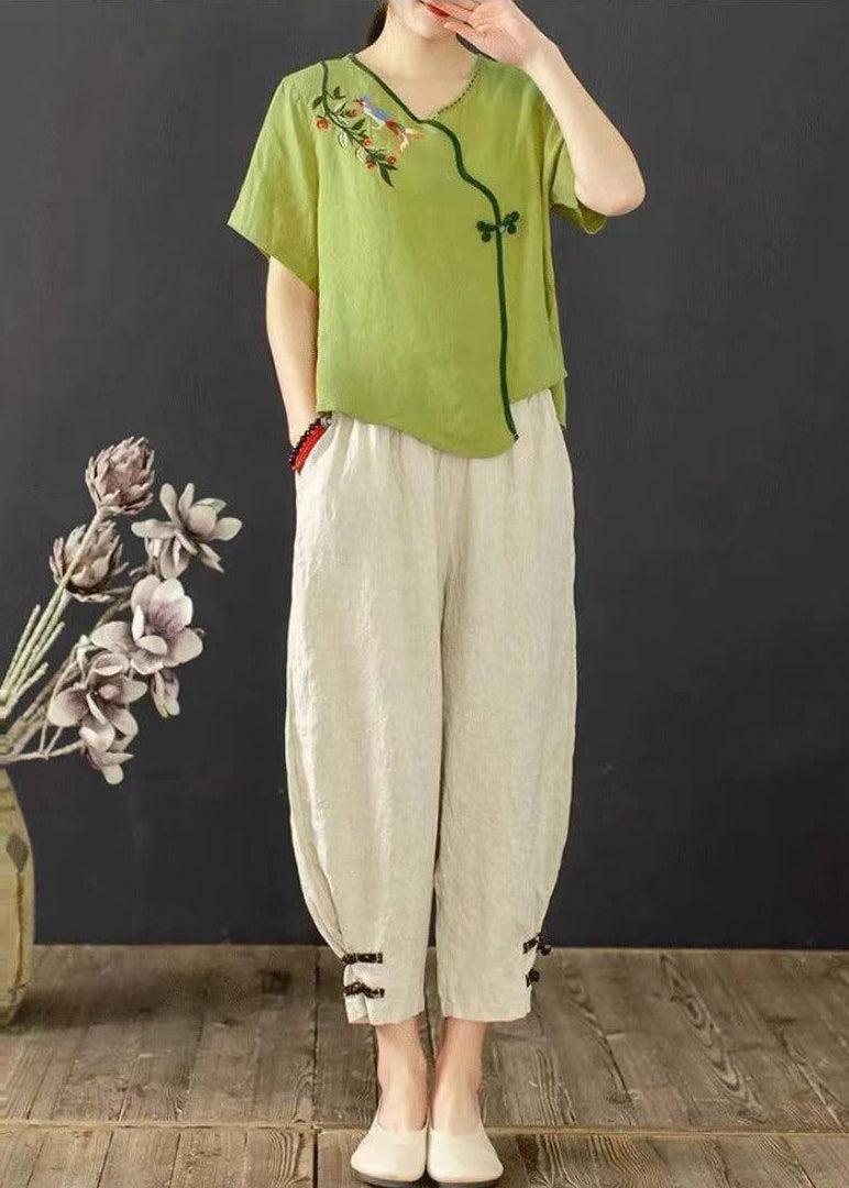 Embroidered Green Suit Grass Set Summer Oriental Piece Two FashionChic