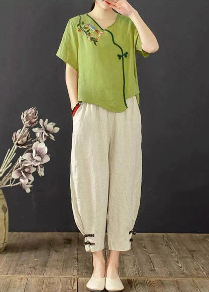 Embroidered Green Suit Grass Set Summer Oriental Piece Two FashionChic