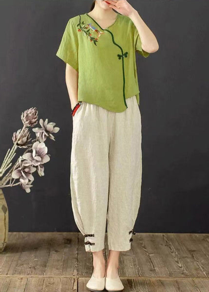 Embroidered Green Suit Grass Set Summer Oriental Piece Two FashionChic