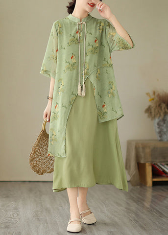 Tasseled Fake Asymmetrical Dresses Print Grass Two Piece Green FashionChic