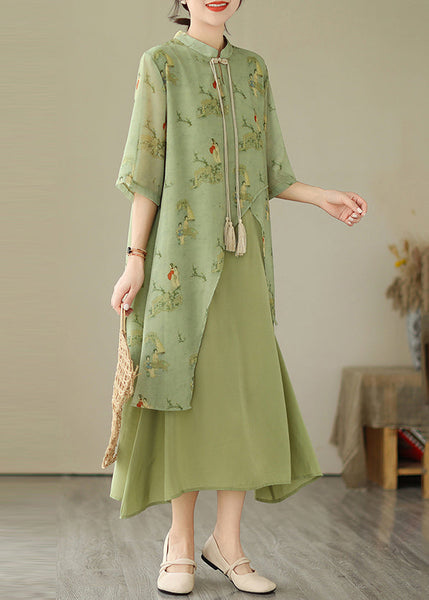 Tasseled Fake Asymmetrical Dresses Print Grass Two Piece Green FashionChic