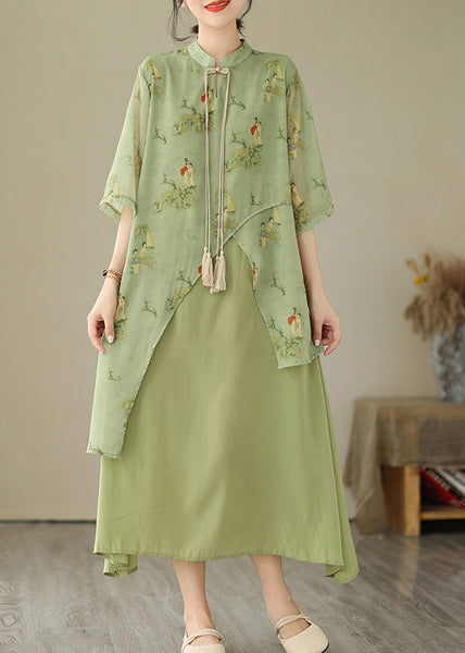 Tasseled Fake Asymmetrical Dresses Print Grass Two Piece Green FashionChic