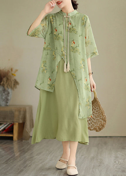 Tasseled Fake Asymmetrical Dresses Print Grass Two Piece Green FashionChic