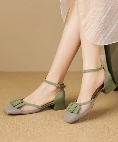 Strap Grass Sandals Chic Chunky Buckle Green Tulle Splicing FashionChic