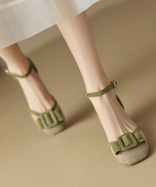 Strap Grass Sandals Chic Chunky Buckle Green Tulle Splicing FashionChic