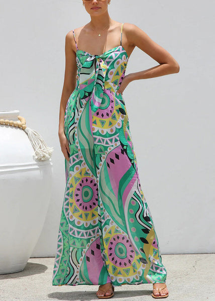 Summer Leg Wide Bow Jumpsuit Print Green FashionChic