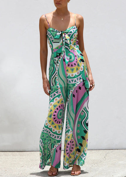 Summer Leg Wide Bow Jumpsuit Print Green FashionChic