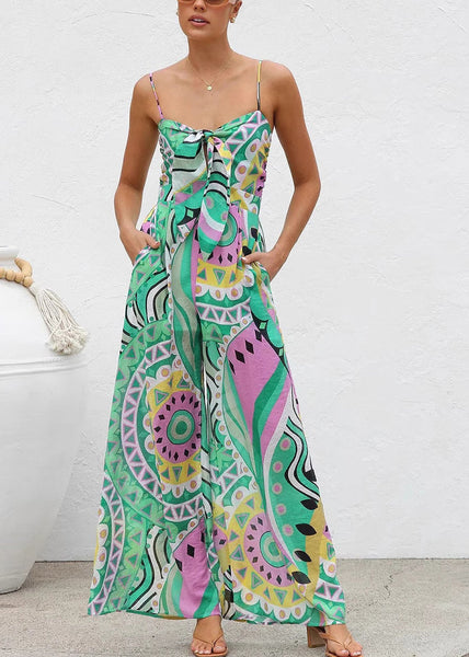 Summer Leg Wide Bow Jumpsuit Print Green FashionChic