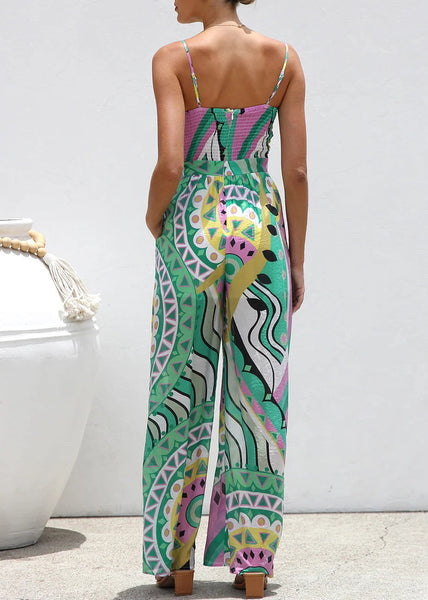 Summer Leg Wide Bow Jumpsuit Print Green FashionChic