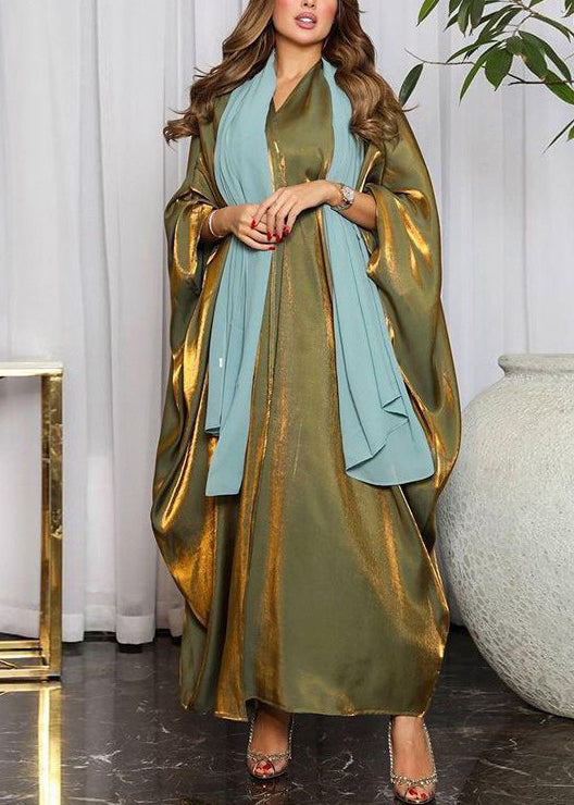 Green Bright Silk Maxi Dresses V Neck Long Sleeve AA1021 Ada Fashion