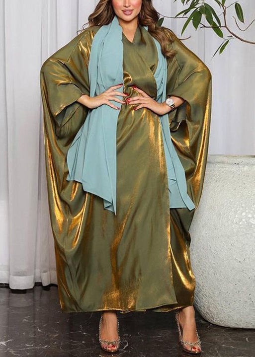 Green Bright Silk Maxi Dresses V Neck Long Sleeve AA1021 Ada Fashion