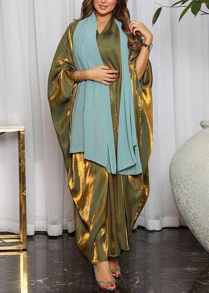 Green Bright Silk Maxi Dresses V Neck Long Sleeve AA1021 Ada Fashion