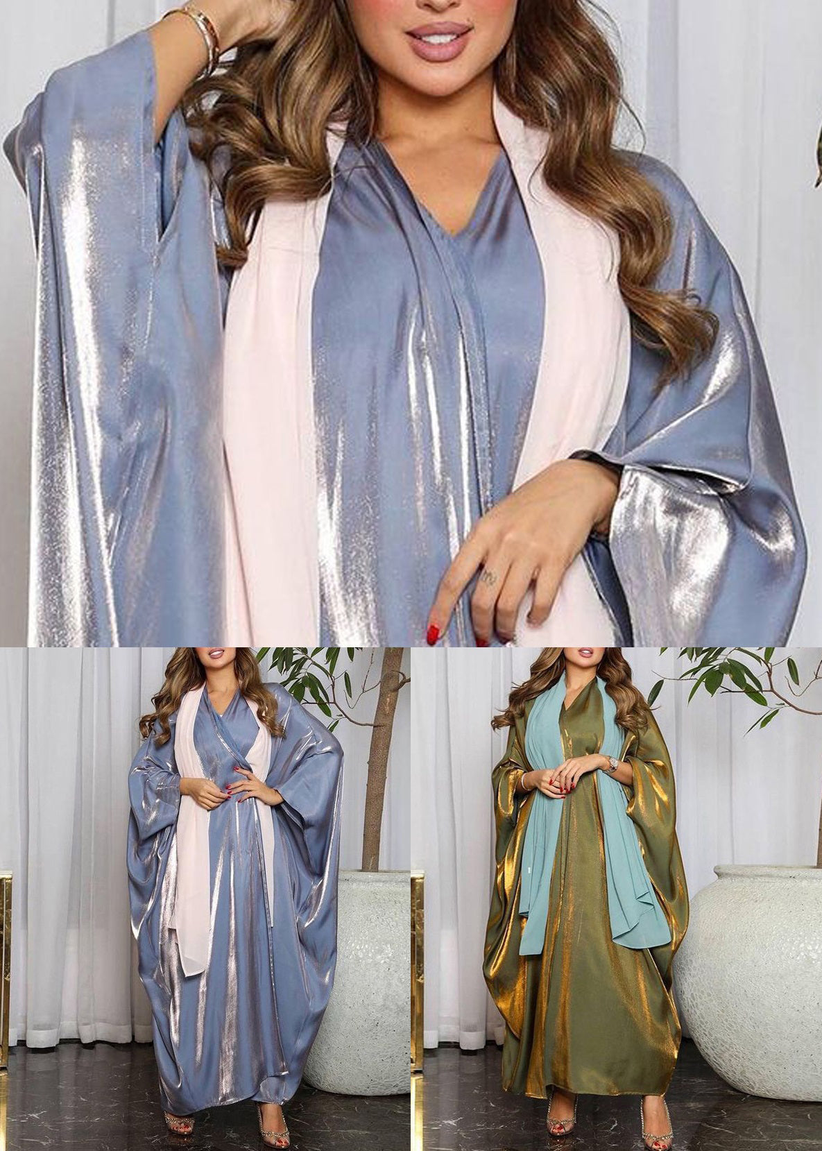 Green Bright Silk Maxi Dresses V Neck Long Sleeve AA1021 Ada Fashion