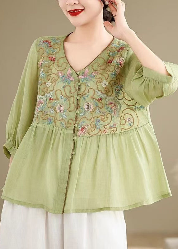 Green Embroidered Button Sleeve Linen Bracelet FashionChic