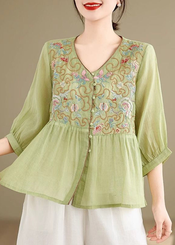 Green Embroidered Button Sleeve Linen Bracelet FashionChic