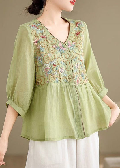 Green Embroidered Button Sleeve Linen Bracelet FashionChic