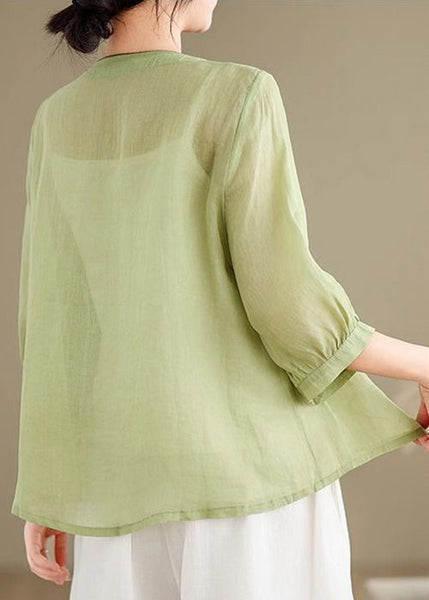 Green Embroidered Button Sleeve Linen Bracelet FashionChic