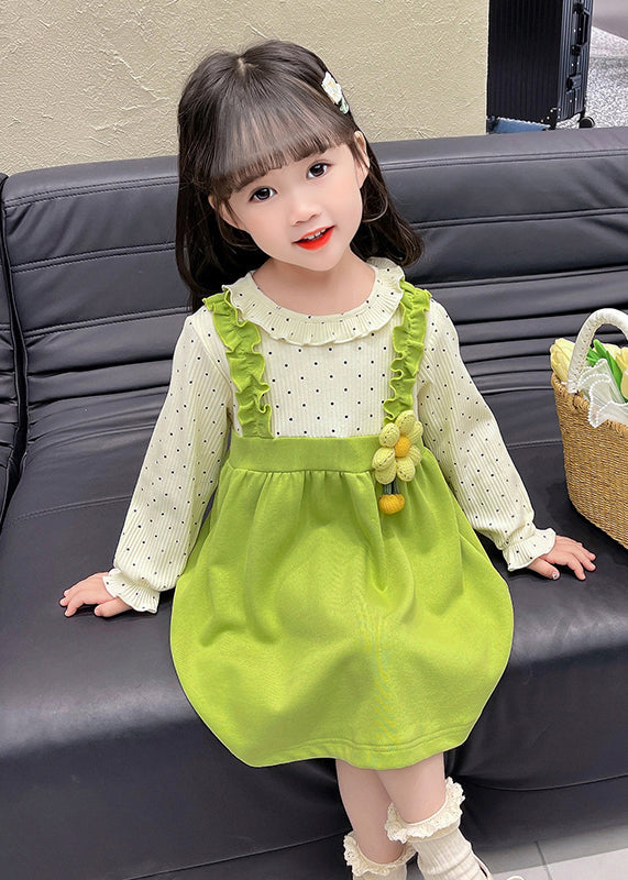 Green Button Patchwork Cotton Girls Dresses O-Neck Flare Sleeve XZ063 FALL-MM-RCTZ-FDGL240618