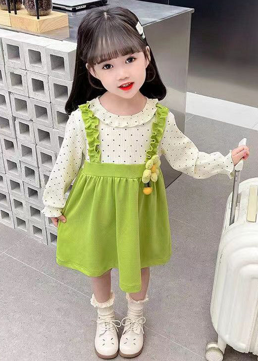 Green Button Patchwork Cotton Girls Dresses O-Neck Flare Sleeve XZ063 FALL-MM-RCTZ-FDGL240618