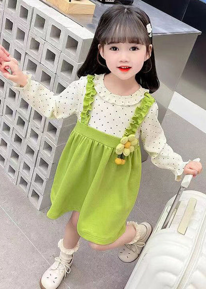 Green Button Patchwork Cotton Girls Dresses O-Neck Flare Sleeve XZ063 FALL-MM-RCTZ-FDGL240618