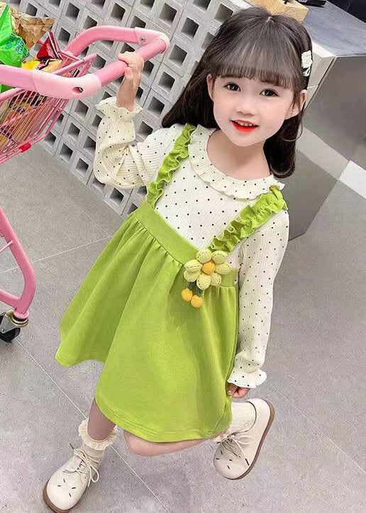 Green Button Patchwork Cotton Girls Dresses O-Neck Flare Sleeve XZ063 FALL-MM-RCTZ-FDGL240618