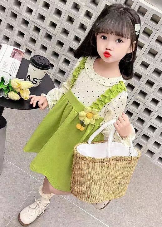 Green Button Patchwork Cotton Girls Dresses O-Neck Flare Sleeve XZ063 FALL-MM-RCTZ-FDGL240618