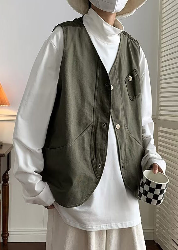 Green Button Patchwork Cotton Mens Waistcoat V Neck Sleeveless RN006 ABC