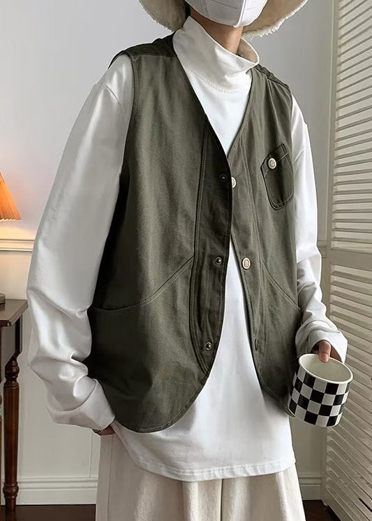 Green Button Patchwork Cotton Mens Waistcoat V Neck Sleeveless RN006 ABC