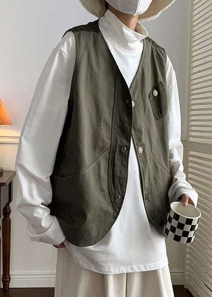 Green Button Patchwork Cotton Mens Waistcoat V Neck Sleeveless RN006 ABC