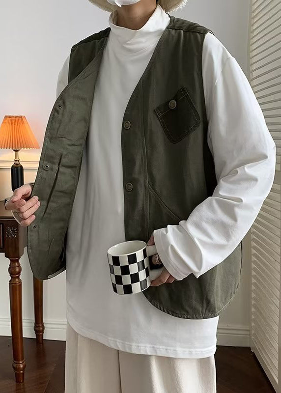 Green Button Patchwork Cotton Mens Waistcoat V Neck Sleeveless RN006 ABC