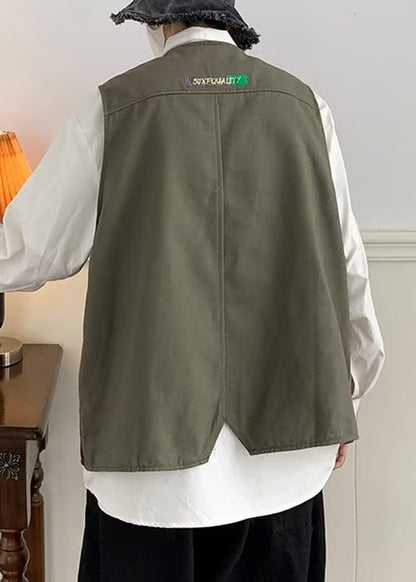 Green Button Patchwork Cotton Mens Waistcoat V Neck Sleeveless RN006 ABC