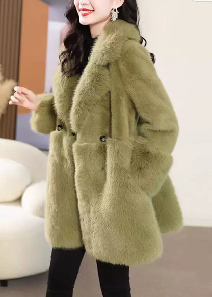 Green Button Pockets Mink Velvet Coat Peter Pan Collar Winter WQ040 OL-CTS241031