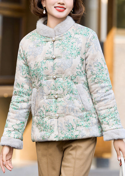 Green Button Pockets Patchwork Warm Fleece Stand Collar Winter RZ007 ABC