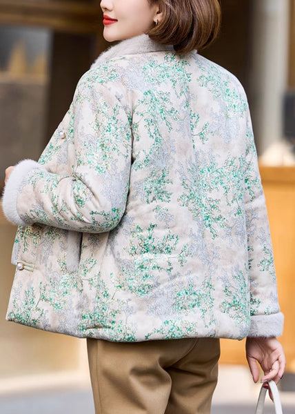 Green Button Pockets Patchwork Warm Fleece Stand Collar Winter RZ007 ABC