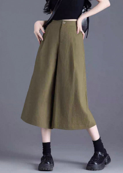 Wide Leg Pants Linen Waist Solid Green High Button FashionChic